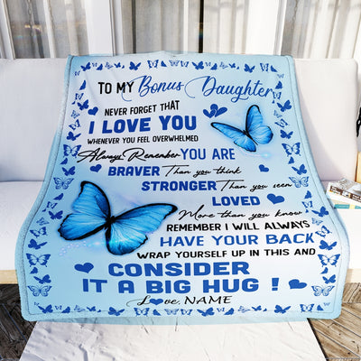 Personalized to My Bonus Daughter Blanket from Stepmother Braver Stronger Loved Butterfly Stepdaughter Birthday Christmas Customized Bed Fleece Throw Blanket | siriusteestore