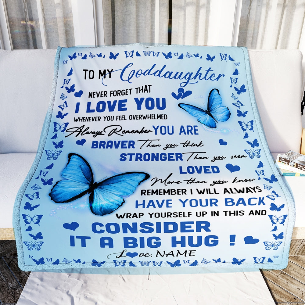 Personalized to My Goddaughter Blanket from Godmother Godfather Braver Stronger Loved Butterfly Niece Birthday Christmas Customized Bed Fleece Throw Blanket | siriusteestore