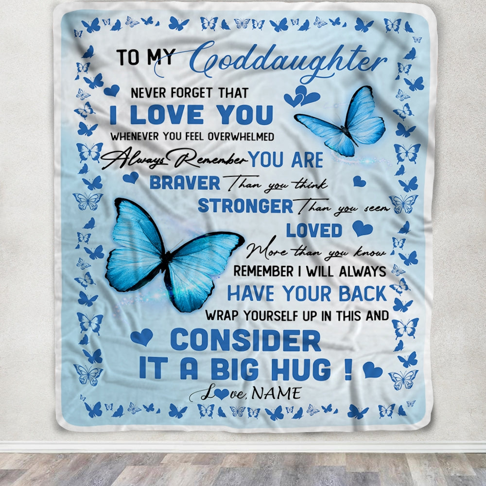 Personalized to My Goddaughter Blanket from Godmother Godfather Braver Stronger Loved Butterfly Niece Birthday Christmas Customized Bed Fleece Throw Blanket | siriusteestore