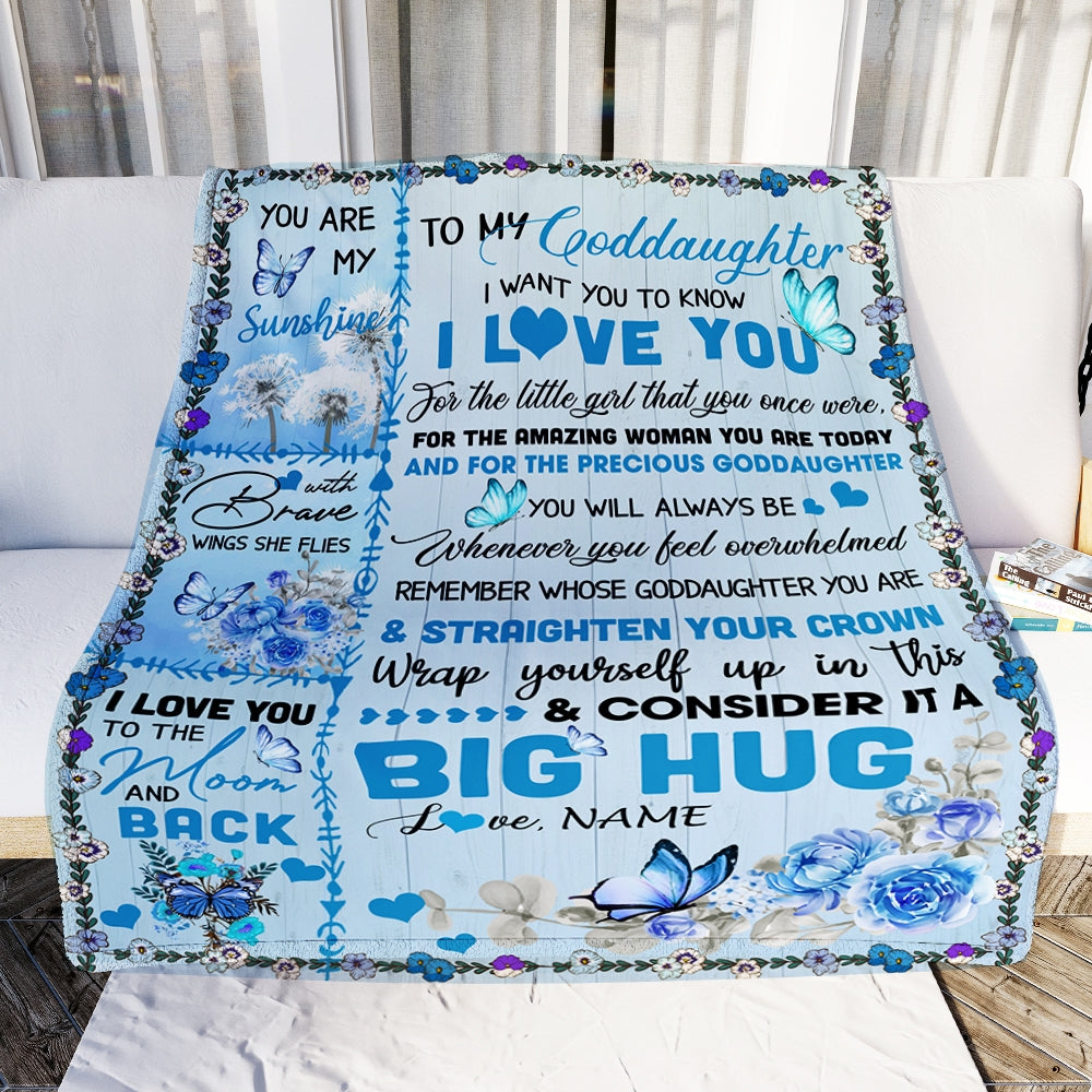 Personalized to My Goddaughter Blanket from Mom Dad Give You A Big Love Hug Butterfly Goddaughter Birthday Thanksgiving Christmas Customized Fleece Blanket | siriusteestore