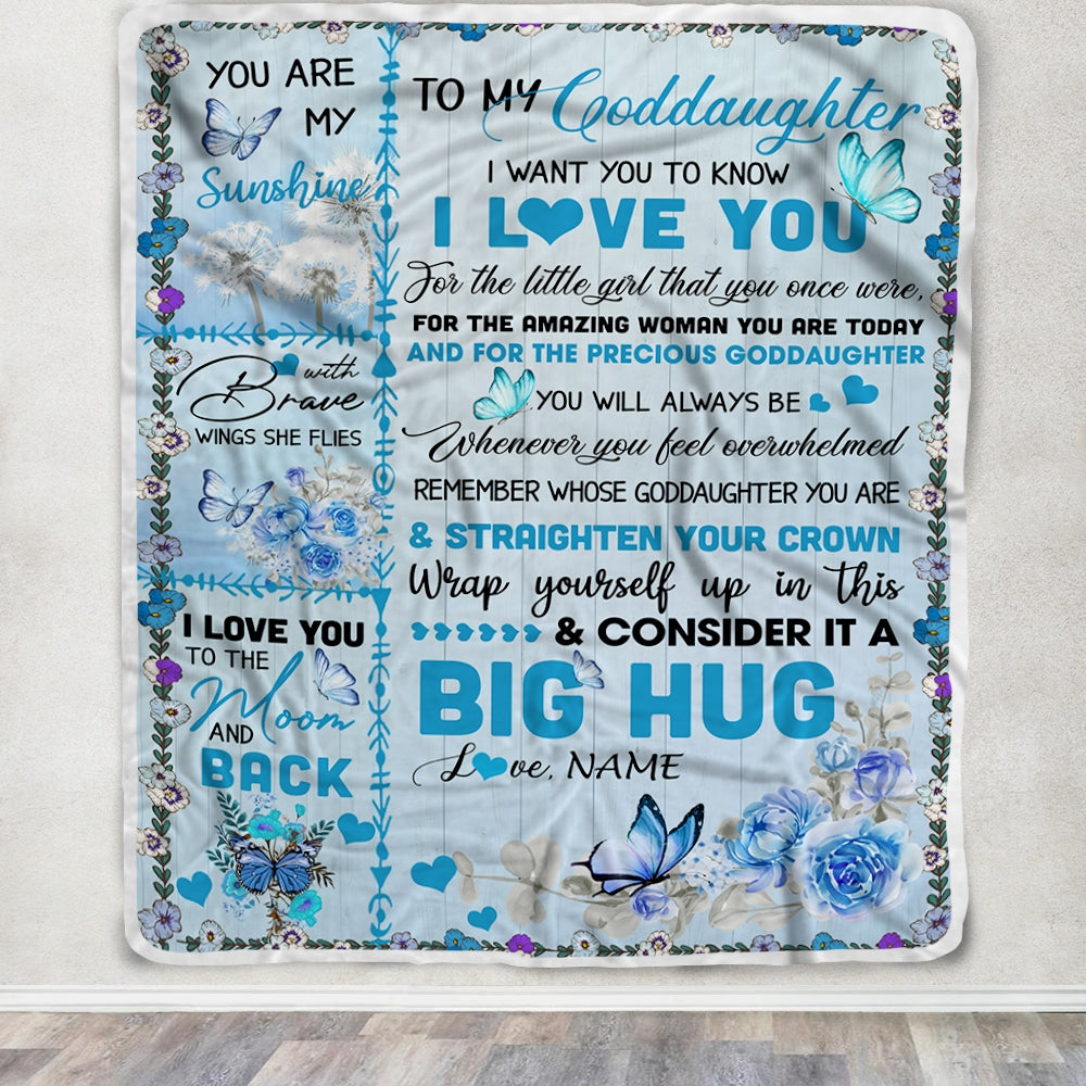 Personalized to My Goddaughter Blanket from Mom Dad Give You A Big Love Hug Butterfly Goddaughter Birthday Thanksgiving Christmas Customized Fleece Blanket | siriusteestore