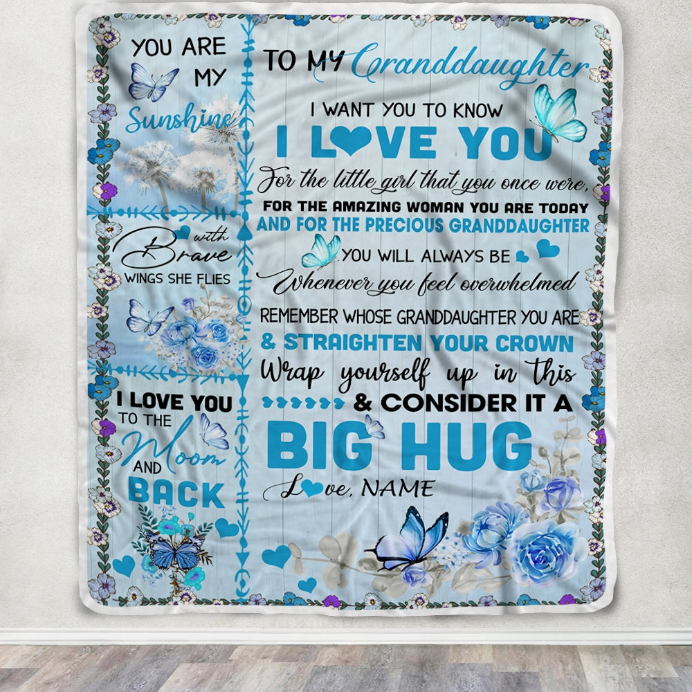 Personalized to My Granddaughter Blanket from Grandma Nana Give You A Big Love Hug Butterfly Birthday Thanksgiving Christmas Customized Fleece Blanket | siriusteestore