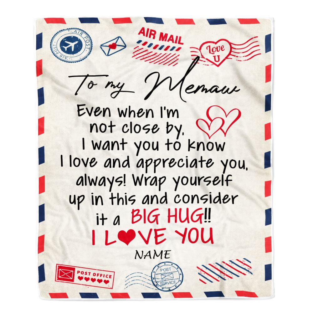 Personalized to My Memaw Blanket From Grandkids I Love You Hugs Air Mail Letter Memaw Birthday Valentine Christmas Wedding Anniversary Customized Fleece Blanket | siriusteestore