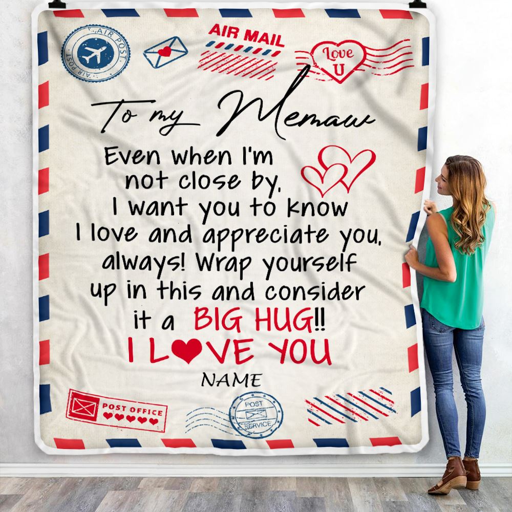 Personalized to My Memaw Blanket From Grandkids I Love You Hugs Air Mail Letter Memaw Birthday Valentine Christmas Wedding Anniversary Customized Fleece Blanket | siriusteestore