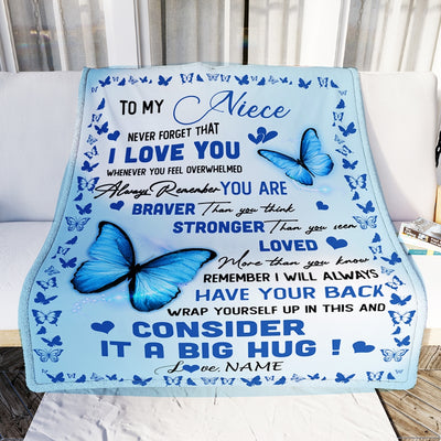 Personalized to My Niece Blanket from Aunt Auntie Uncle Braver Stronger Loved Butterfly Niece Birthday Graduation Christmas Customized Bed Fleece Throw Blanket | siriusteestore