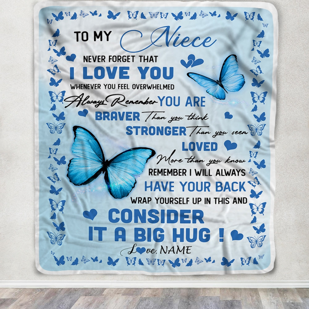 Personalized to My Niece Blanket from Aunt Auntie Uncle Braver Stronger Loved Butterfly Niece Birthday Graduation Christmas Customized Bed Fleece Throw Blanket | siriusteestore