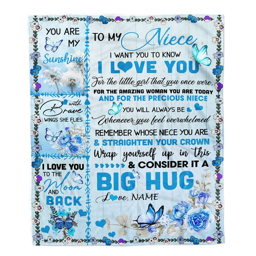 Personalized to My Niece Blanket from Aunt Auntie Uncle Give You A Big Love Hug Butterfly Birthday Thanksgiving Christmas Customized Fleece Blanket | siriusteestore