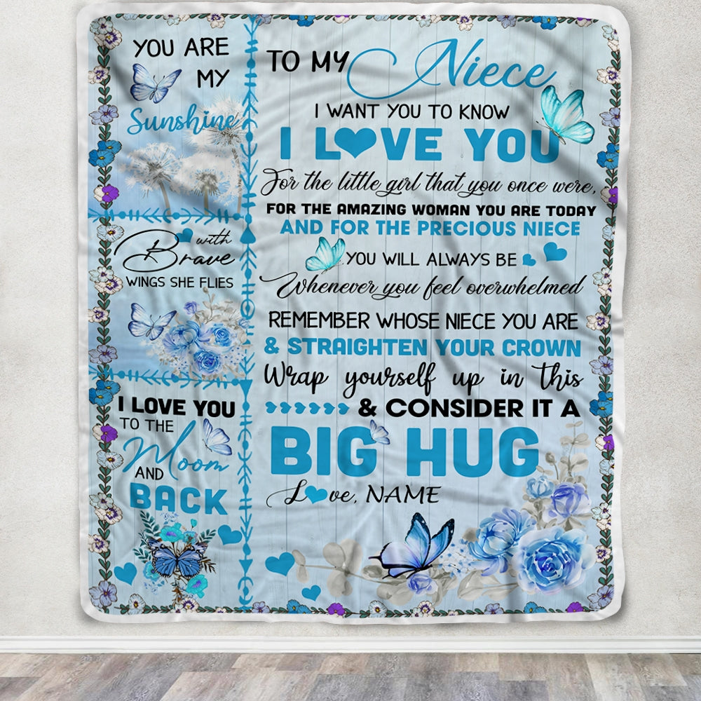 Personalized to My Niece Blanket from Aunt Auntie Uncle Give You A Big Love Hug Butterfly Birthday Thanksgiving Christmas Customized Fleece Blanket | siriusteestore
