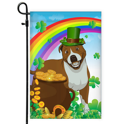 Pitbull St Patrick's Day Dog Flag Funny Peeking Dog Wear Green Hat Golden Pot Coin Shamrock Rainbow Spring Banner for Home Decor | siriusteestore