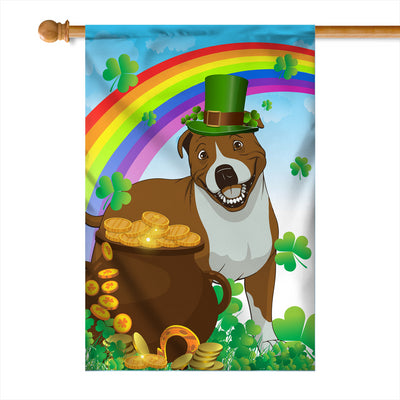 Pitbull St Patrick's Day Dog Flag Funny Peeking Dog Wear Green Hat Golden Pot Coin Shamrock Rainbow Spring Banner for Home Decor | siriusteestore