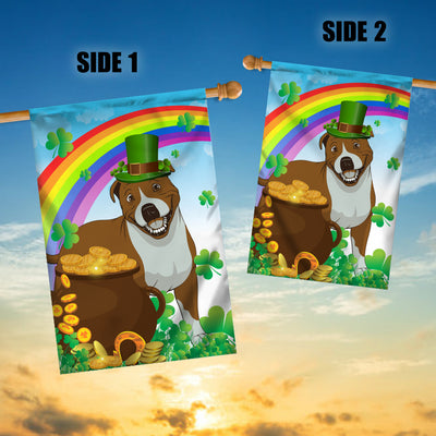 Pitbull St Patrick's Day Dog Flag Funny Peeking Dog Wear Green Hat Golden Pot Coin Shamrock Rainbow Spring Banner for Home Decor | siriusteestore