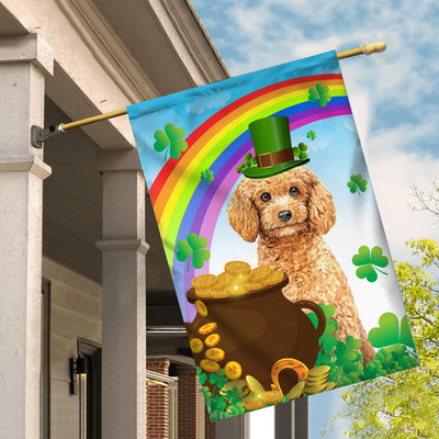 Poodle St Patrick's Day Dog Flag Funny Peeking Dog Wear Green Hat Golden Pot Coin Shamrock Rainbow Spring Banner for Home Decor | siriusteestore