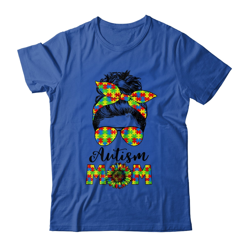 Proud Autism Mom Messy Mun Autism Awareness Sunflower Shirt & Tank Top | siriusteestore