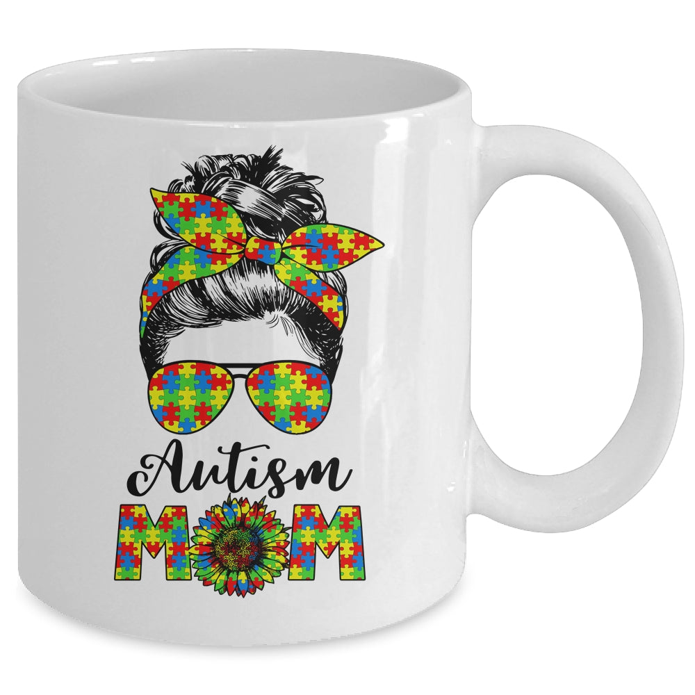 Proud Autism Mom Messy Mun Autism Awareness Sunflower Mug | siriusteestore