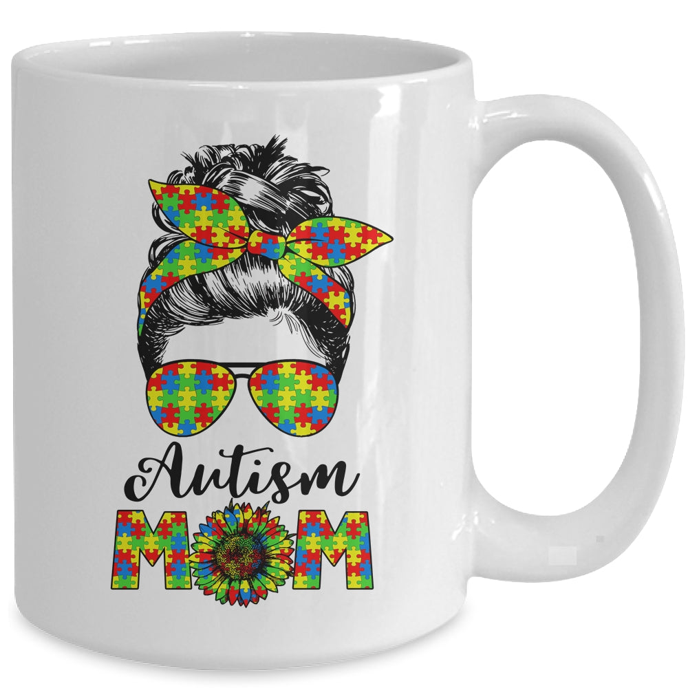 Proud Autism Mom Messy Mun Autism Awareness Sunflower Mug | siriusteestore