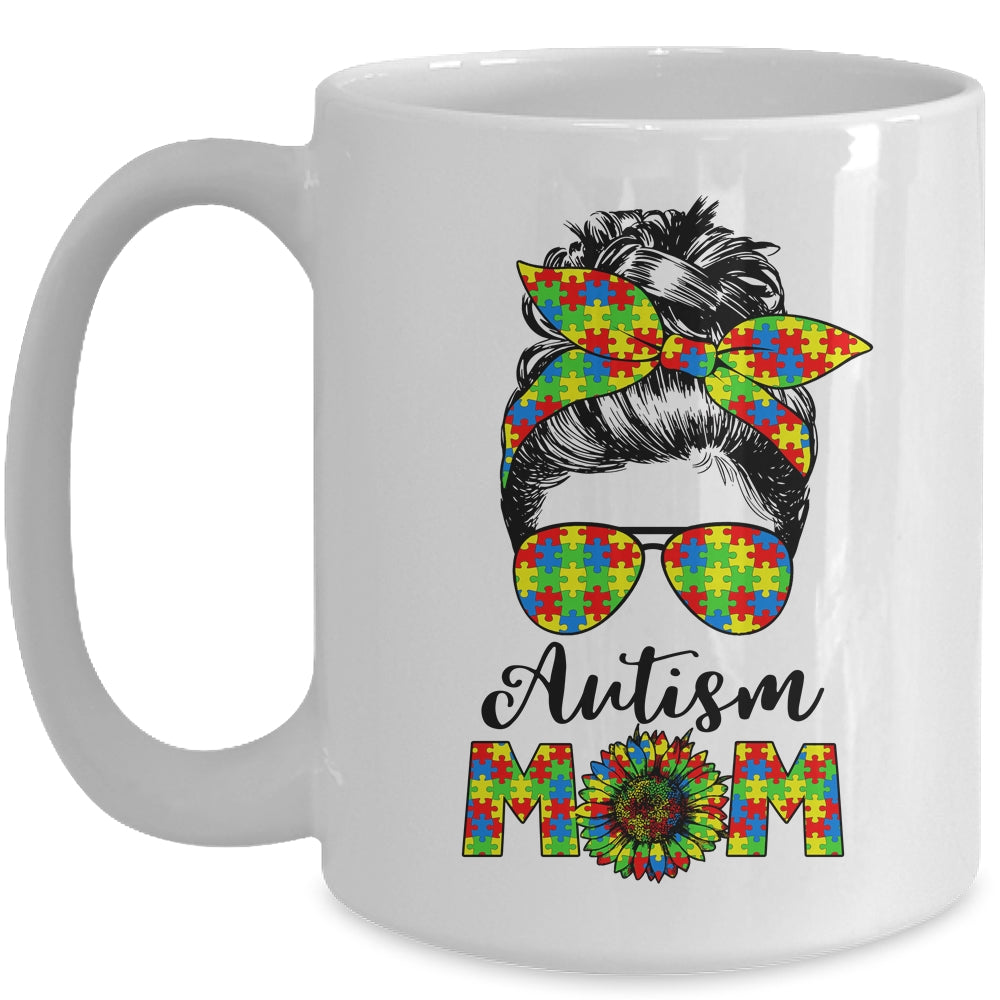 Proud Autism Mom Messy Mun Autism Awareness Sunflower Mug | siriusteestore