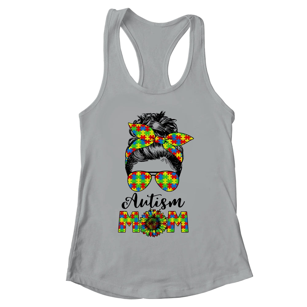 Proud Autism Mom Messy Mun Autism Awareness Sunflower Shirt & Tank Top | siriusteestore