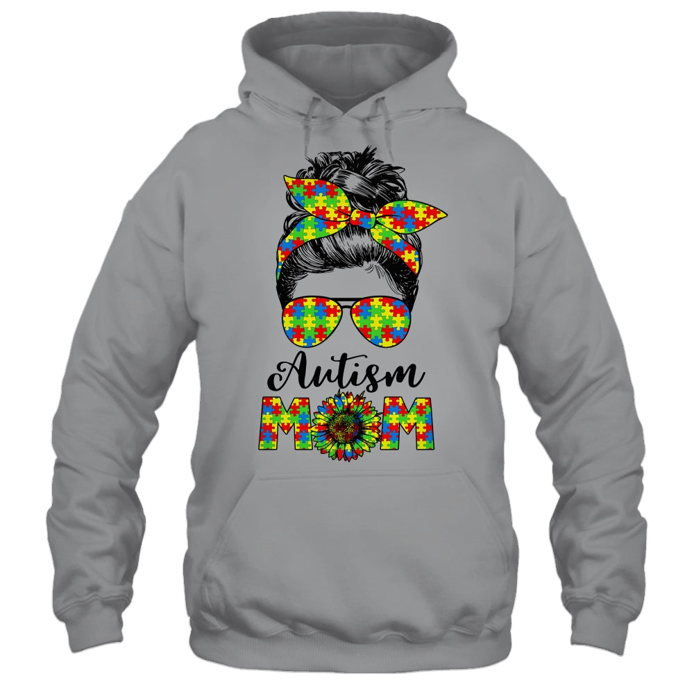 Proud Autism Mom Messy Mun Autism Awareness Sunflower Shirt & Tank Top | siriusteestore