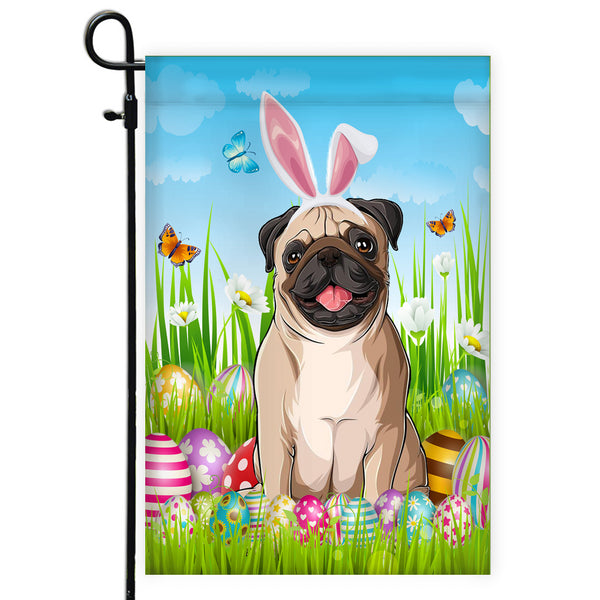 Pug Happy Easter Day Holiday Flag Funny Dog Wear Bunny Ears Headband Cute for Home Decor Garden Flag House Flag Siriustee