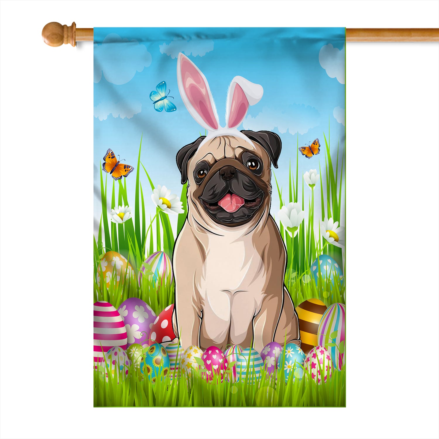 Pug Happy Easter Day Holiday Flag Funny Dog Dog Wear Bunny Ears Headband Cute for Home Decor | siriusteestore
