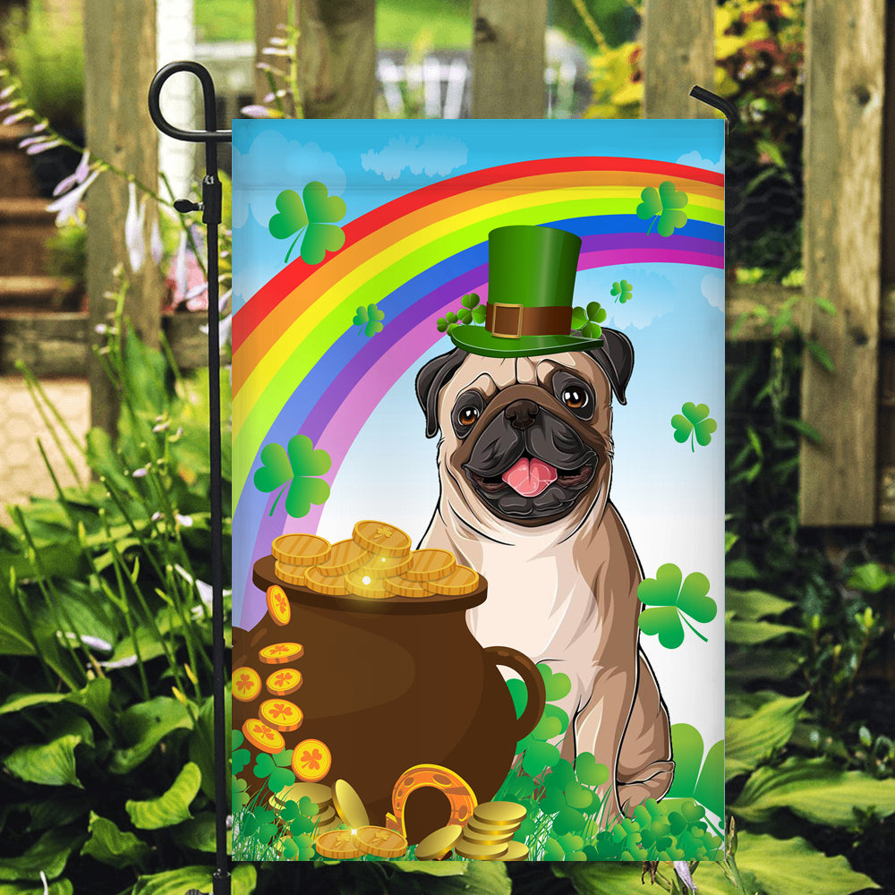 Pug St Patrick's Day Dog Flag Funny Peeking Dog Wear Green Hat Golden Pot Coin Shamrock Rainbow Spring Banner for Home Decor | siriusteestore