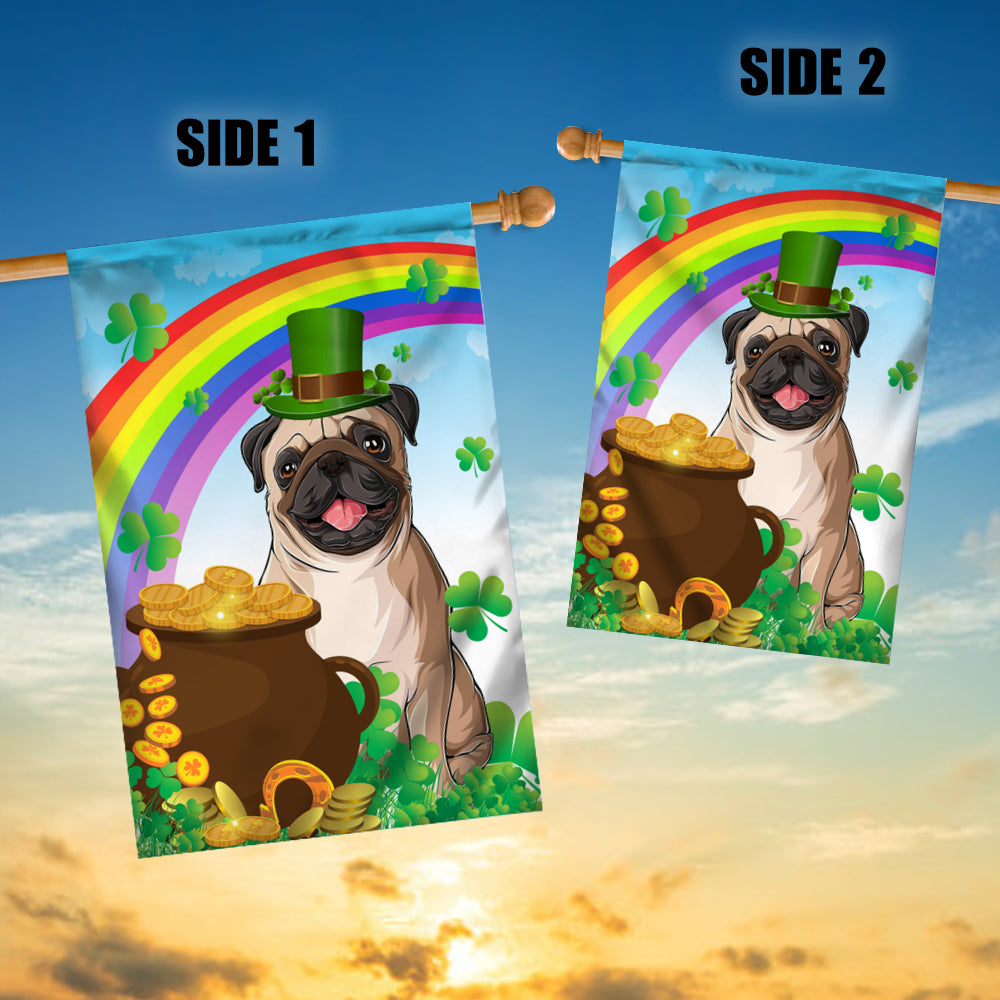 Pug St Patrick's Day Dog Flag Funny Peeking Dog Wear Green Hat Golden Pot Coin Shamrock Rainbow Spring Banner for Home Decor | siriusteestore
