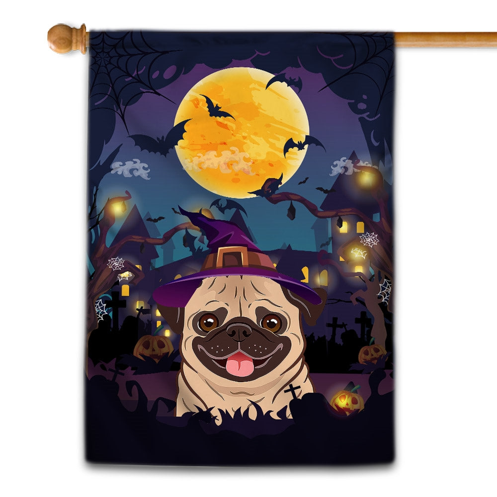 Pug Witch Halloween Flag Castle Background For Dog Lover Home | siriusteestore