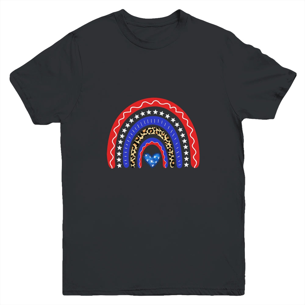 Rainbow Leopard American Flag 4th Of July Kids Boys Girls Youth Shirt | siriusteestore