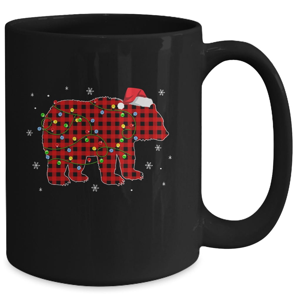 Red Plaid Bear Christmas Lights Santa Hat Pajamas Mug | siriusteestore