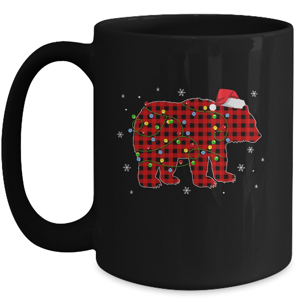 Red Plaid Bear Christmas Lights Santa Hat Pajamas Mug | siriusteestore