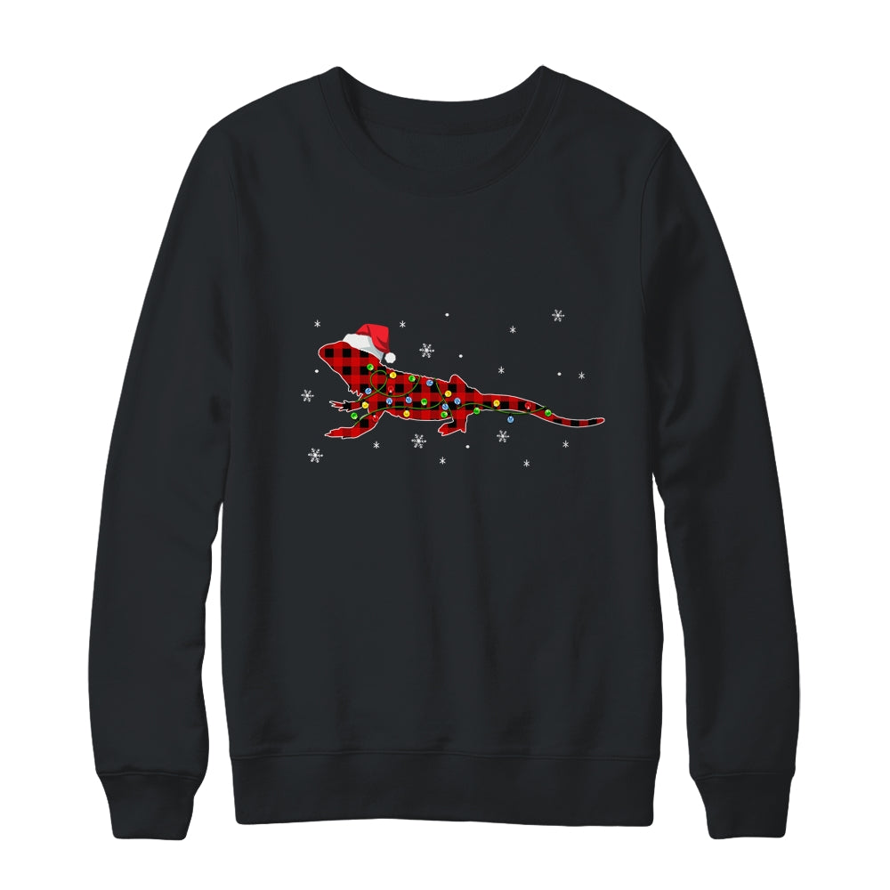 Red Plaid Bearded Dragon Christmas Lights Santa Hat Pajamas Shirt & Sweatshirt | siriusteestore