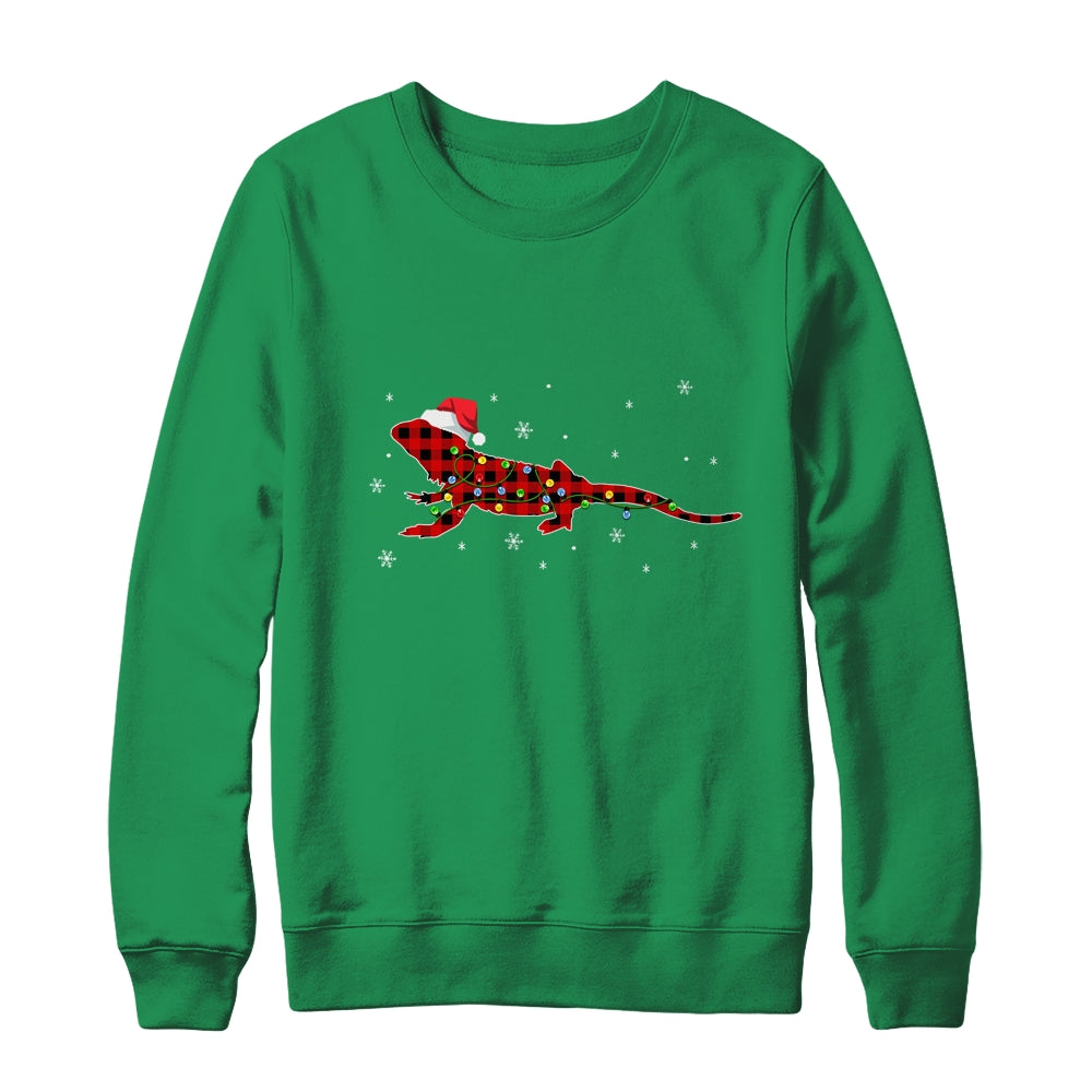Red Plaid Bearded Dragon Christmas Lights Santa Hat Pajamas Shirt & Sweatshirt | siriusteestore