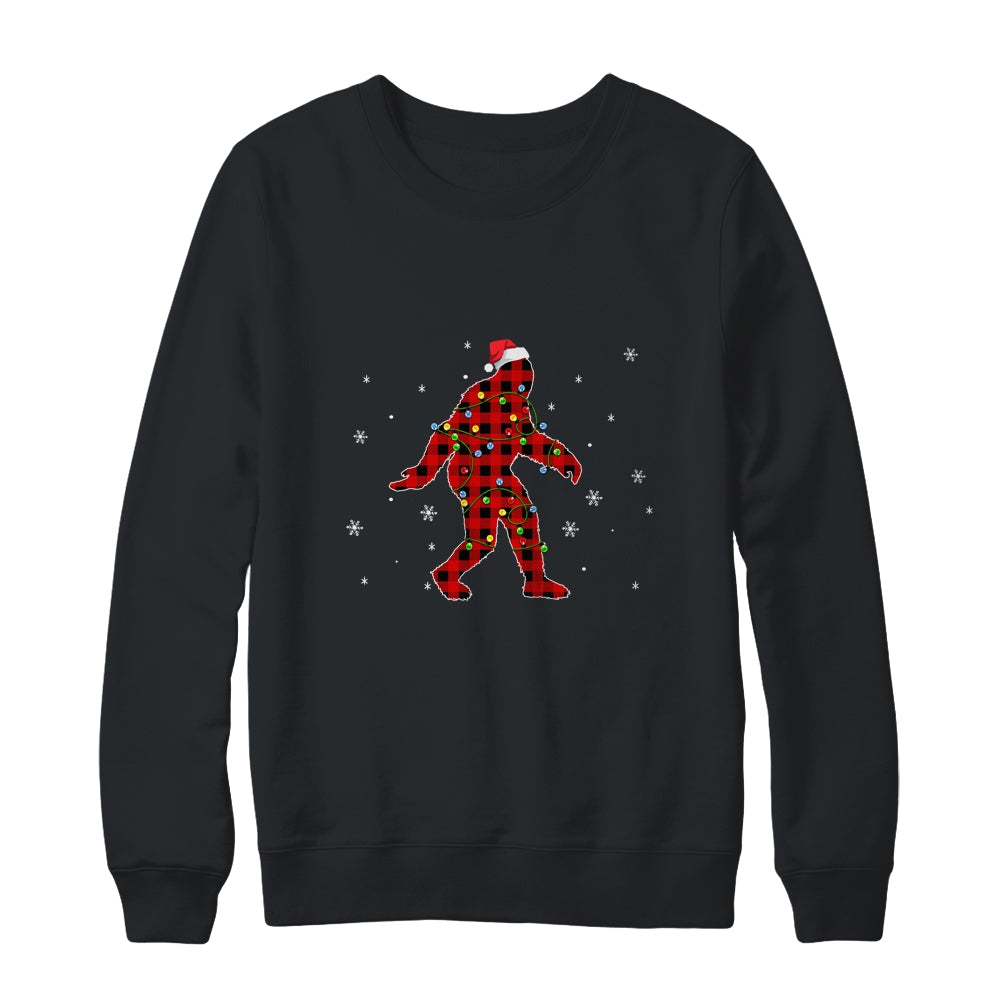 Red Plaid Bigfoot Christmas Lights Santa Hat Pajamas Shirt & Sweatshirt | siriusteestore