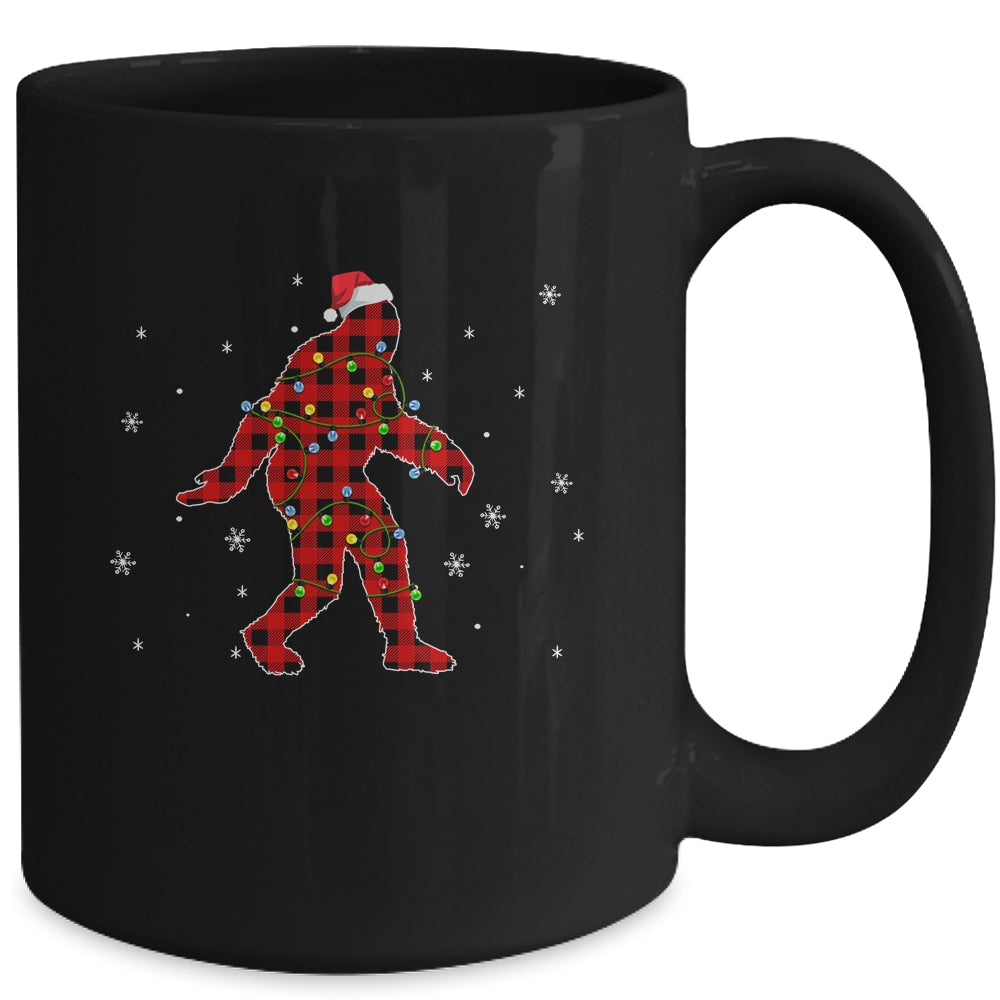 Red Plaid Bigfoot Christmas Lights Santa Hat Pajamas Mug | siriusteestore