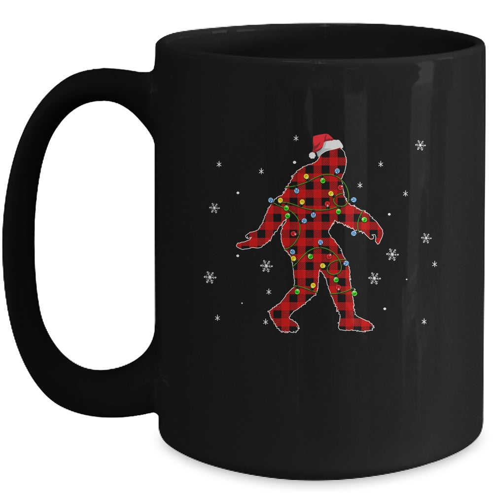 Red Plaid Bigfoot Christmas Lights Santa Hat Pajamas Mug | siriusteestore