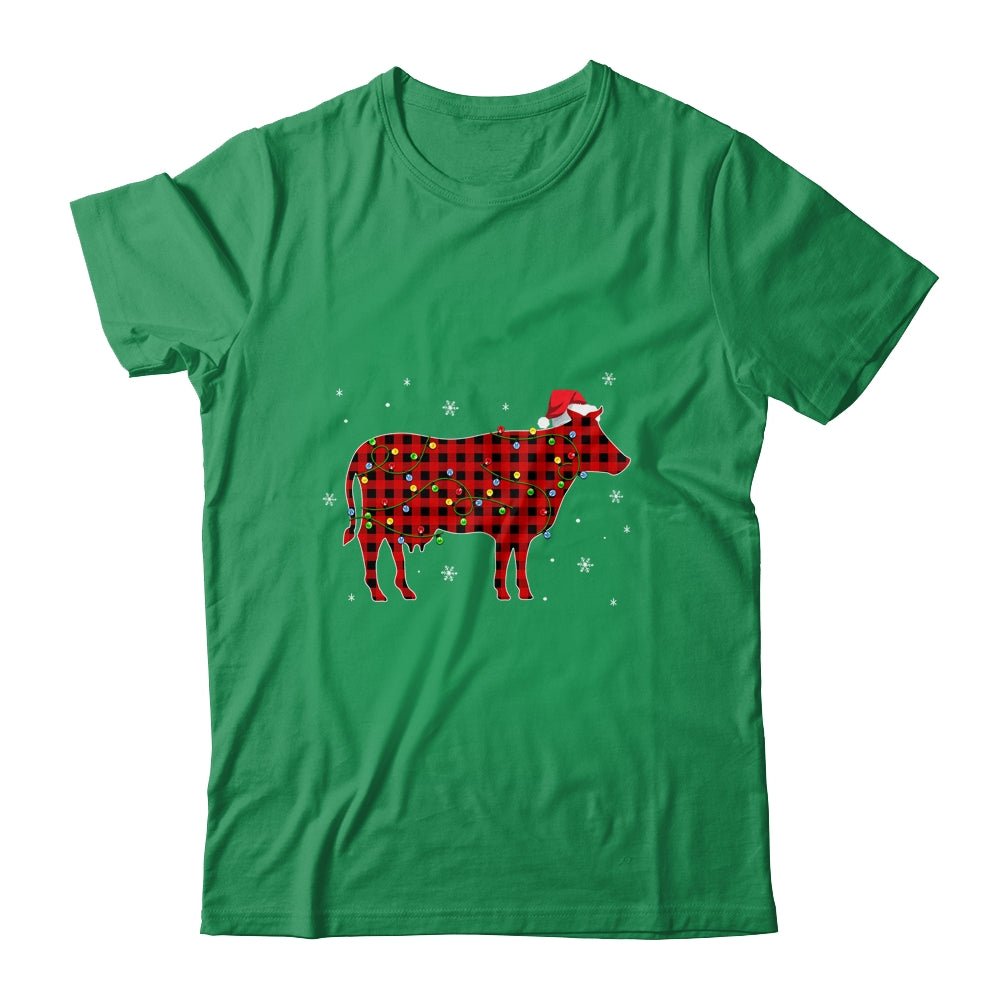 Red Plaid Cow Christmas Lights Santa Hat Pajamas Shirt & Sweatshirt | siriusteestore