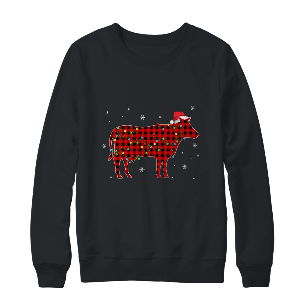 Red Plaid Cow Christmas Lights Santa Hat Pajamas Shirt & Sweatshirt | siriusteestore