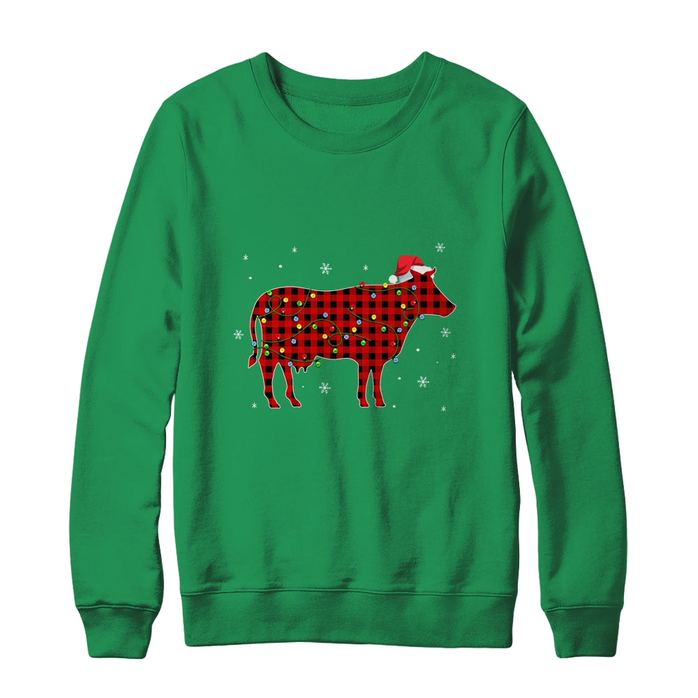Red Plaid Cow Christmas Lights Santa Hat Pajamas Shirt & Sweatshirt | siriusteestore