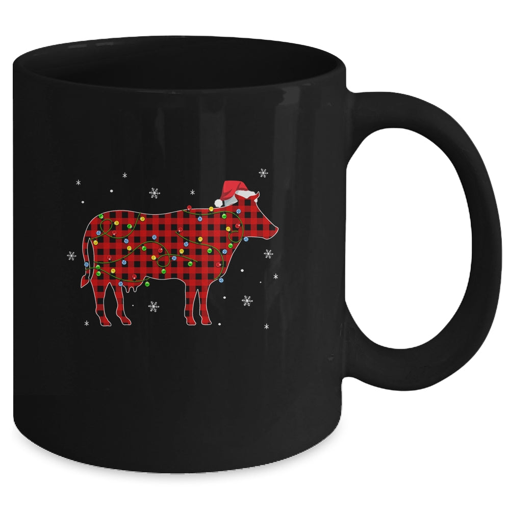 Red Plaid Cow Christmas Lights Santa Hat Pajamas Mug | siriusteestore