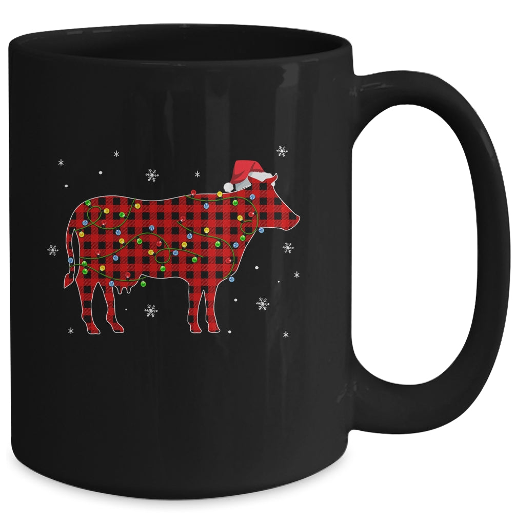 Red Plaid Cow Christmas Lights Santa Hat Pajamas Mug | siriusteestore