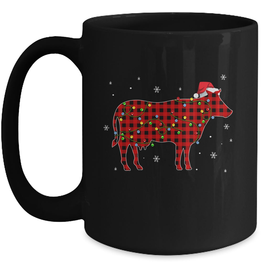 Red Plaid Cow Christmas Lights Santa Hat Pajamas Mug | siriusteestore