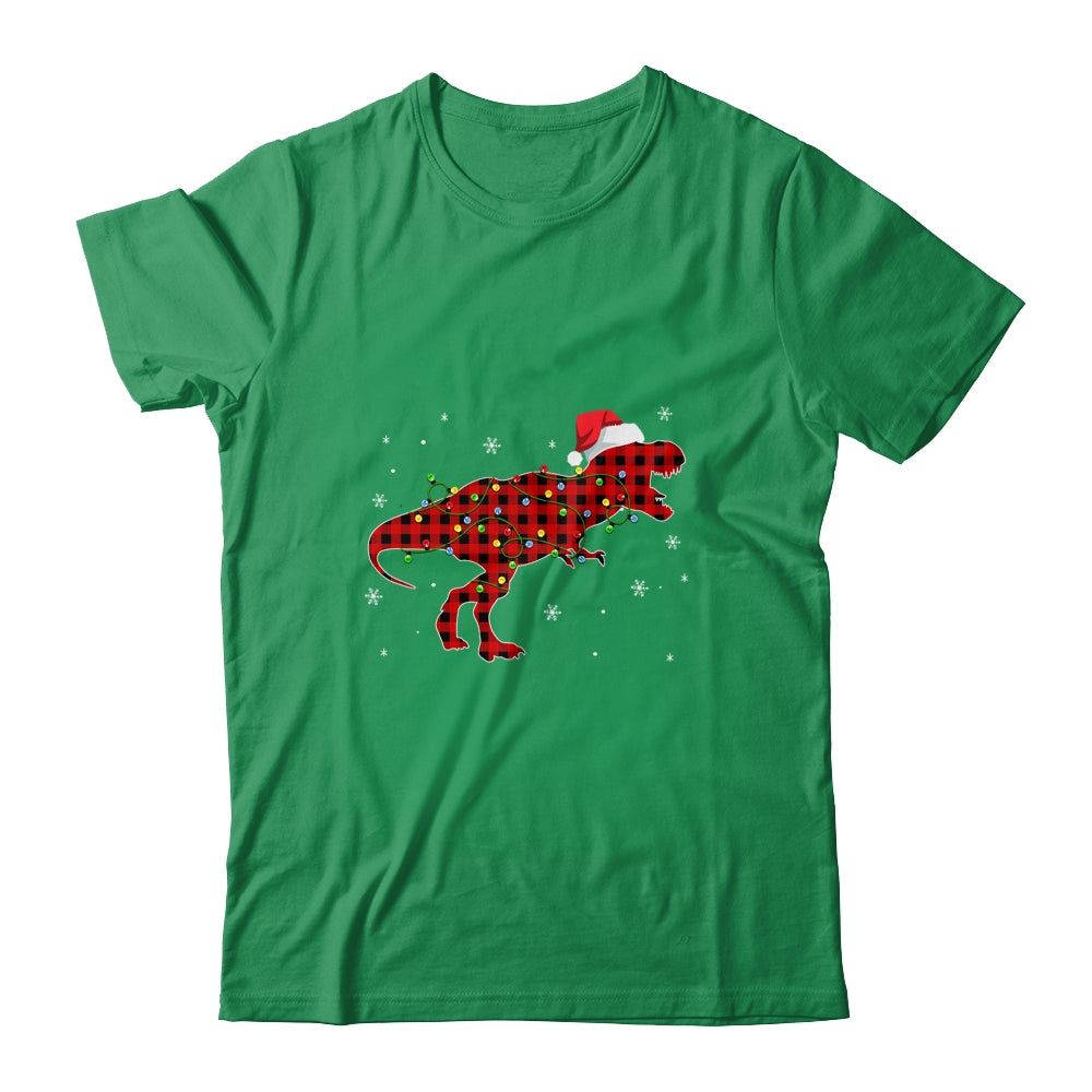 Red Plaid Dinosaur Christmas Lights Santa Hat Pajamas Shirt & Sweatshirt | siriusteestore