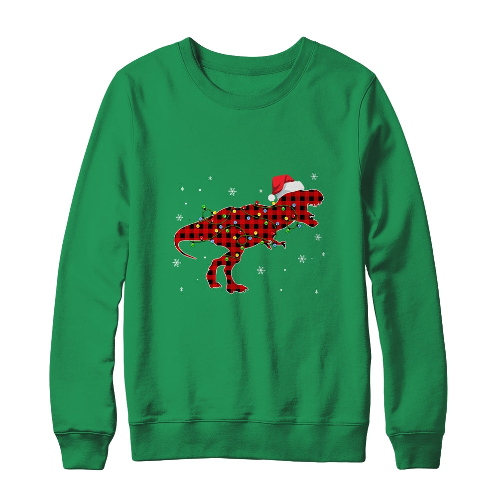 Red Plaid Dinosaur Christmas Lights Santa Hat Pajamas Shirt & Sweatshirt | siriusteestore