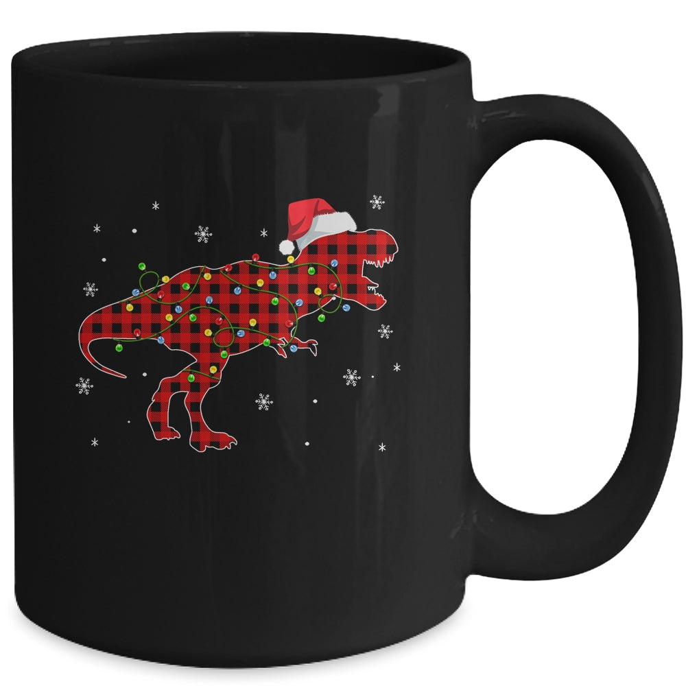Red Plaid Dinosaur Christmas Lights Santa Hat Pajamas Mug | siriusteestore