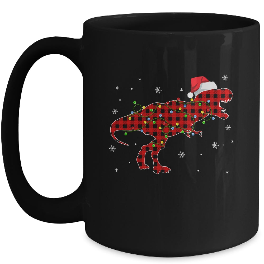 Red Plaid Dinosaur Christmas Lights Santa Hat Pajamas Mug | siriusteestore