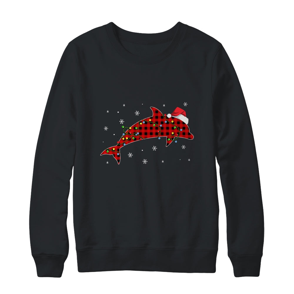Red Plaid Dolphin Christmas Lights Santa Hat Pajamas Shirt & Sweatshirt | siriusteestore
