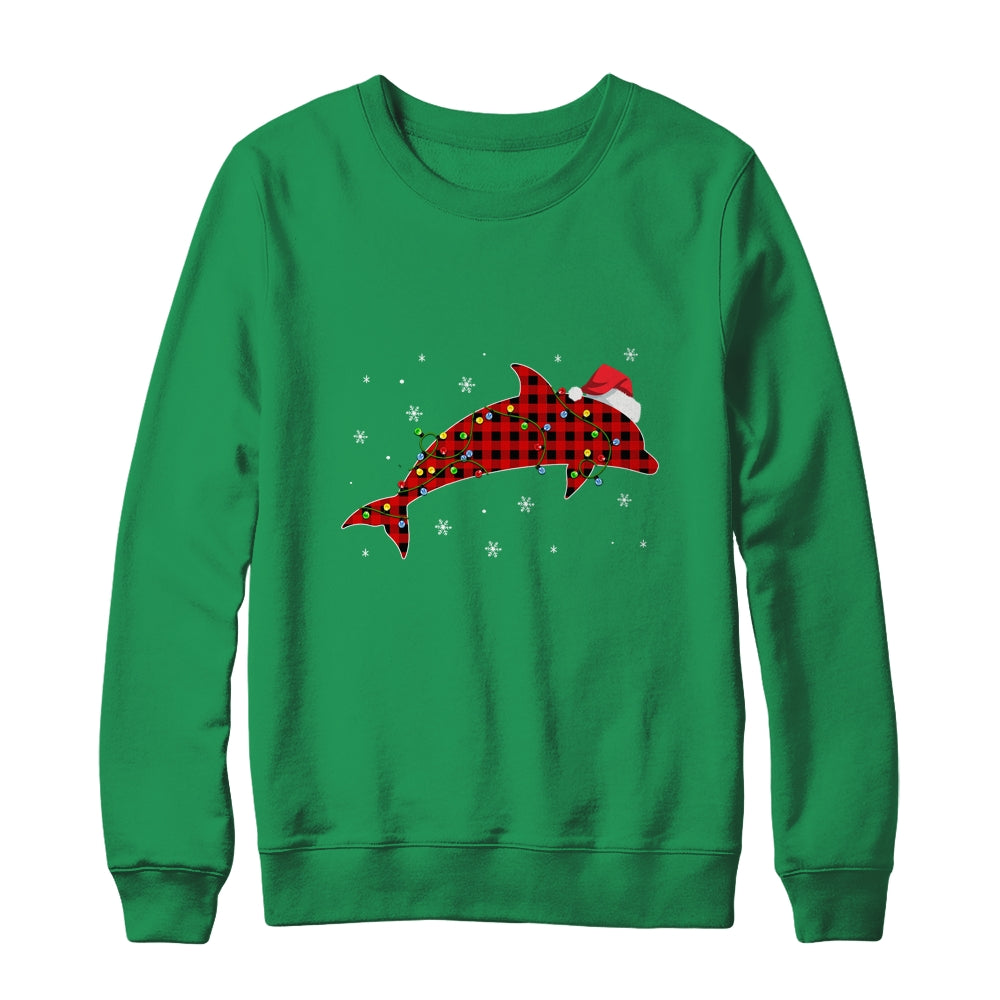 Red Plaid Dolphin Christmas Lights Santa Hat Pajamas Shirt & Sweatshirt | siriusteestore