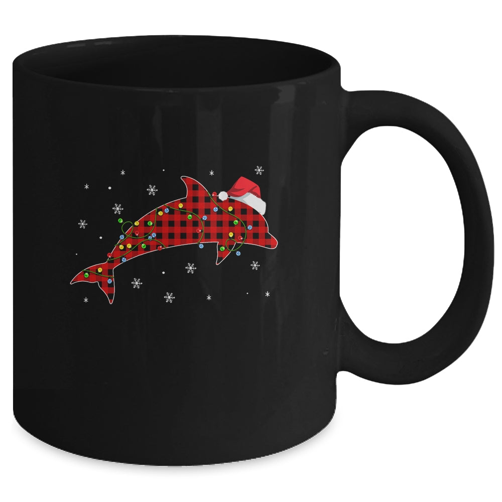Red Plaid Dolphin Christmas Lights Santa Hat Pajamas Mug | siriusteestore
