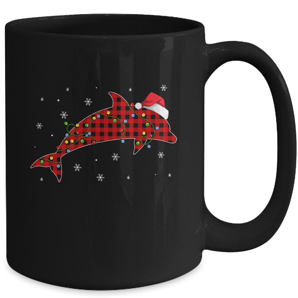Red Plaid Dolphin Christmas Lights Santa Hat Pajamas Mug | siriusteestore
