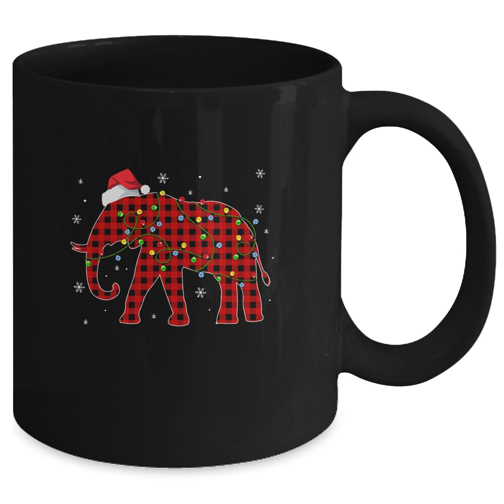 Red Plaid Elephant Christmas Lights Santa Hat Pajamas Mug | siriusteestore